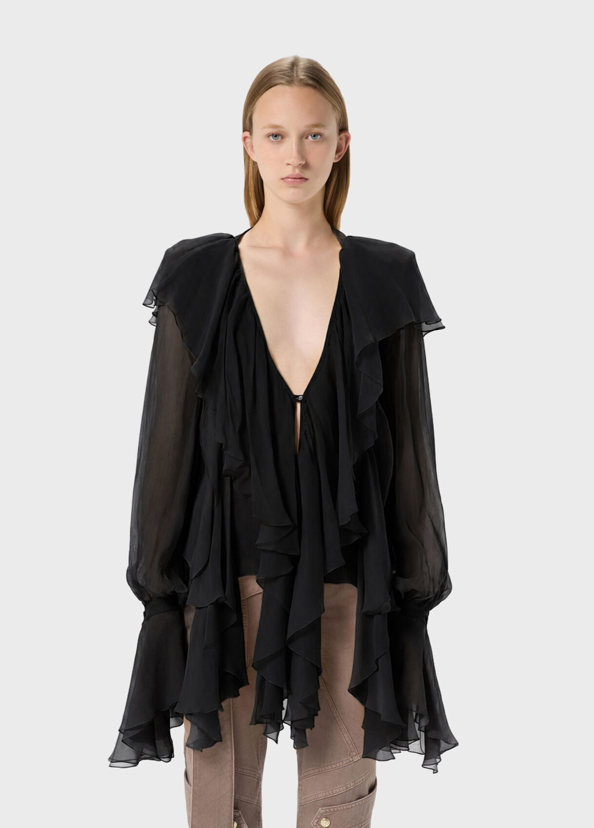 Crepe de chine blouse with wide collar and flounce - Blumarine